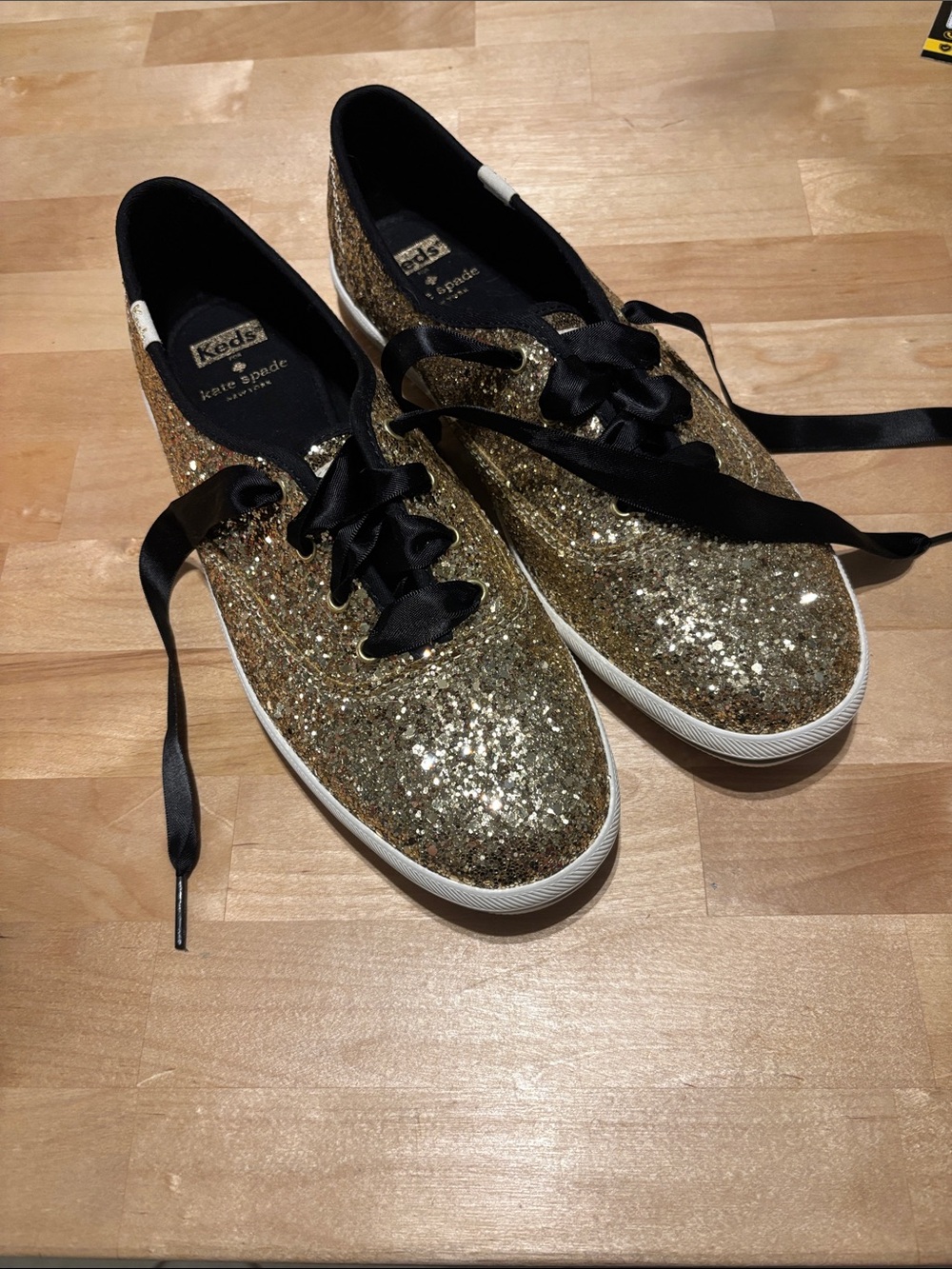 kate spade Gold Glitter Low-Top Sneakers with Black Satin Laces